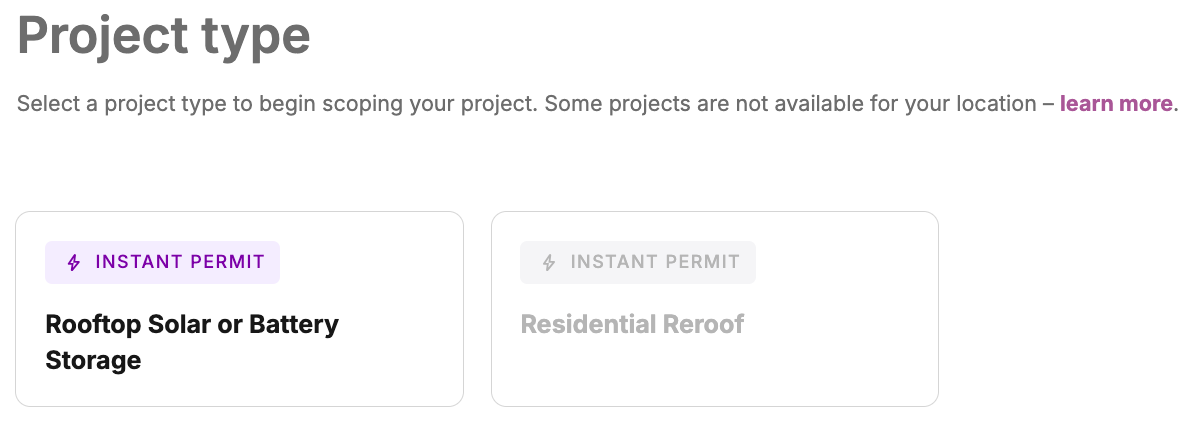 Project type selection screen showing available and disabled project types for a property in Symbium