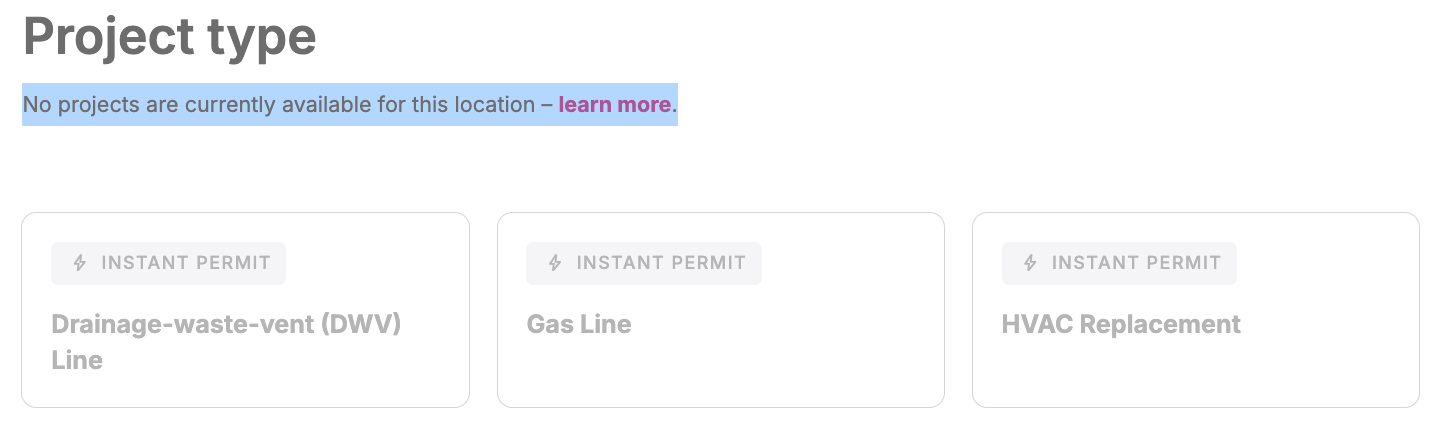 Reasons why certain project types are unavailable for a property in Symbium