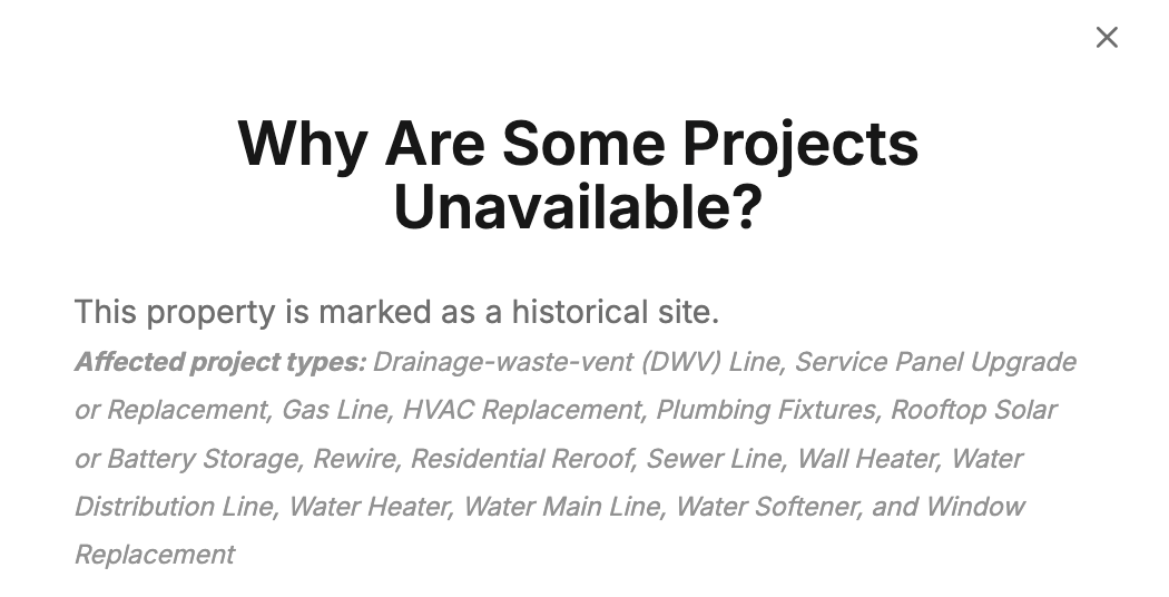 Reasons why certain project types are unavailable for a property in Symbium