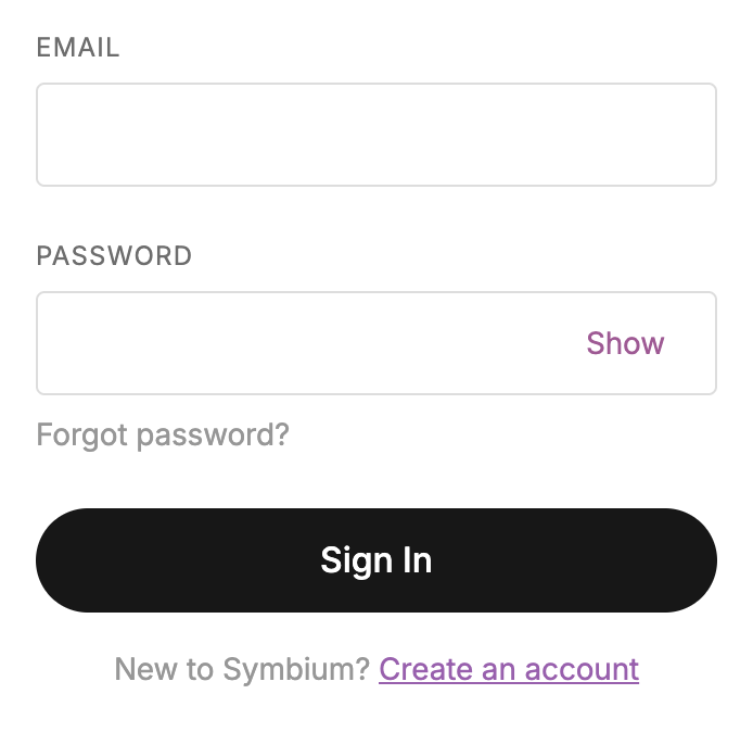 Symbium sign-in screen showing email and password fields with a Create an account link