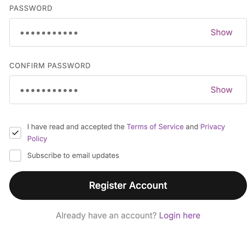 Symbium account registration form showing password, confirm password, and Register Account button