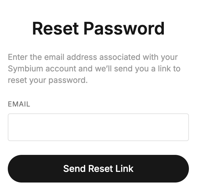 Symbium password reset screen prompting user to enter their email address to receive a reset link