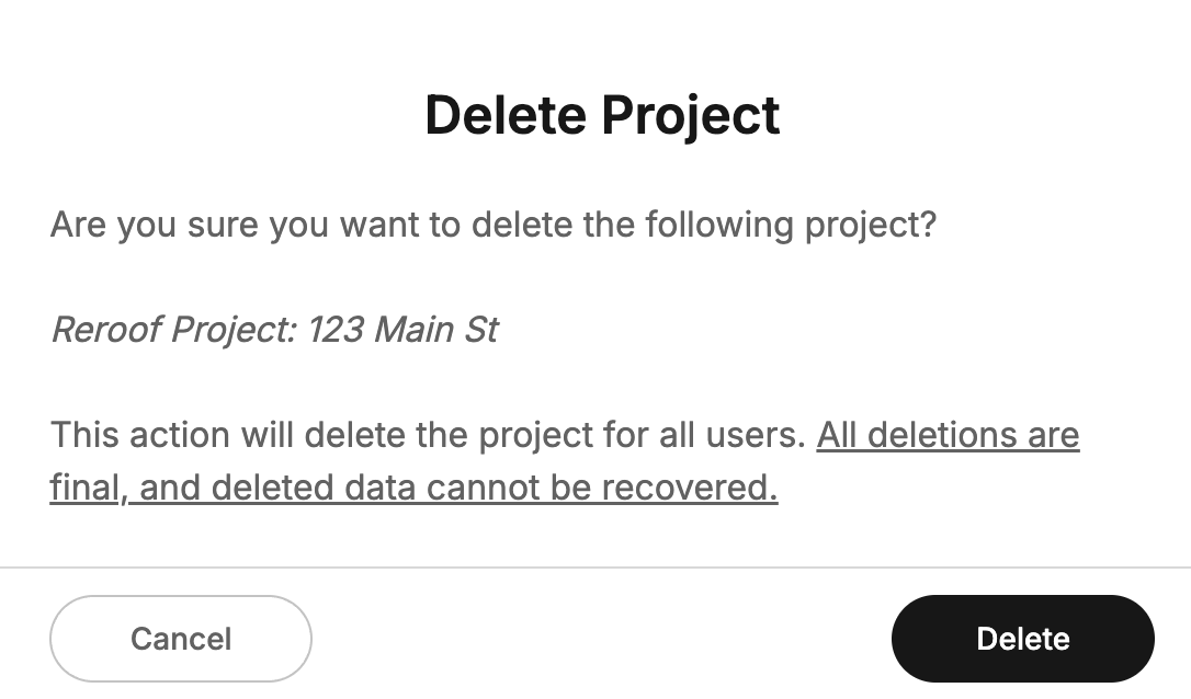 Symbium Delete Project confirmation dialog stating that deletions are final and deleted data cannot be recovered