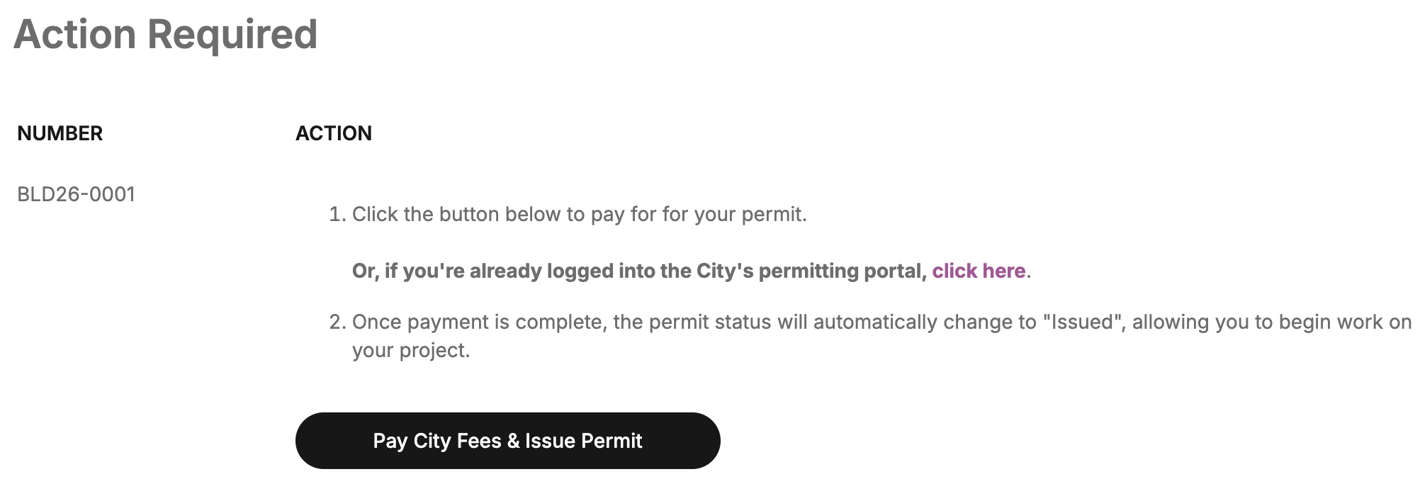 The Action Required screen showing permit number and Pay City Fees & Issue Permit button