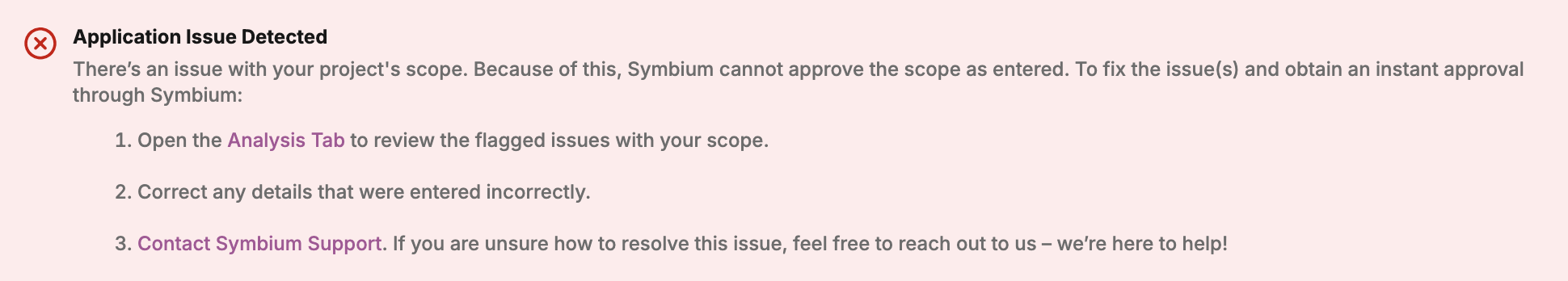 Screenshot of the Application Issue Detected notice at the bottom of the Project Scope tab, with a link to the Analysis tab