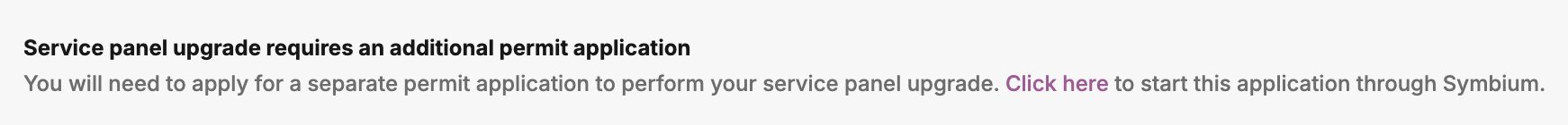 Screenshot of the message indicating that the service panel upgrade requires a separate permit application