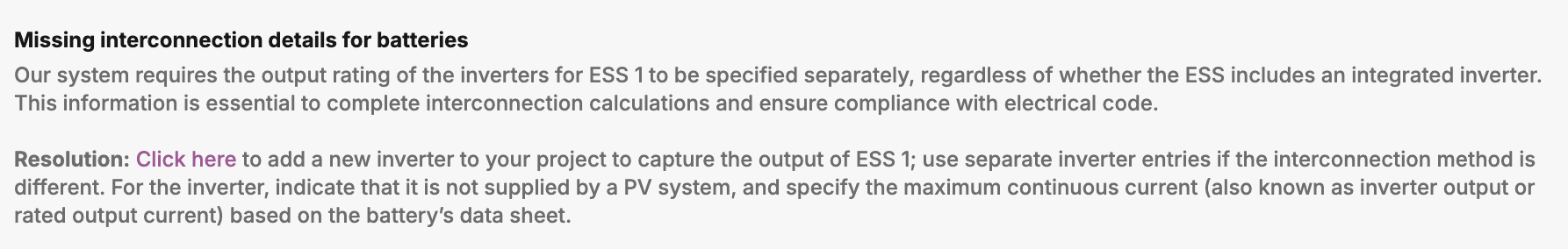 Screenshot of the Resolution message with the Click here link highlighted