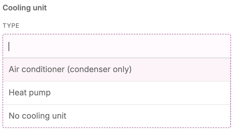 Screenshot of the Cooling unit dropdown showing Air conditioner (condenser only), Heat pump, and No cooling unit options