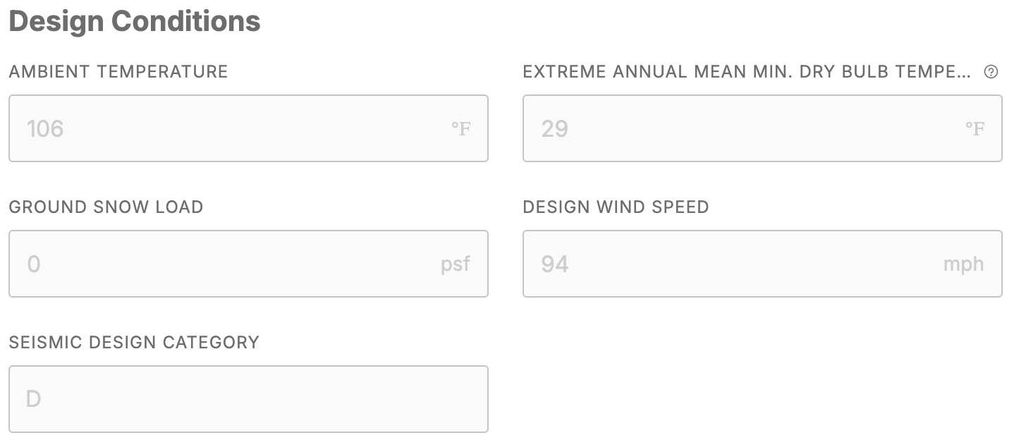 Screenshot of the Design Conditions section in Symbium showing pre-filled fields