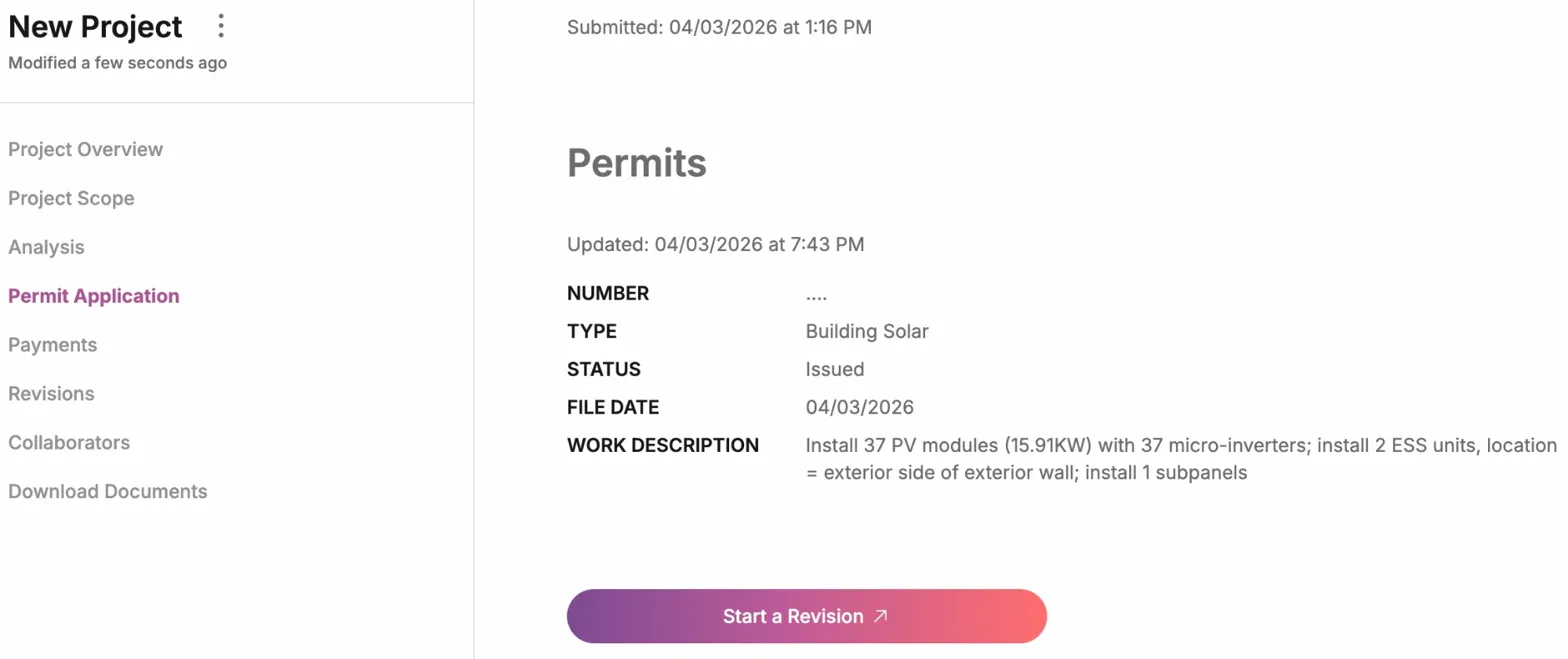 Screenshot of the Permit Application tab showing the Start a Revision button
